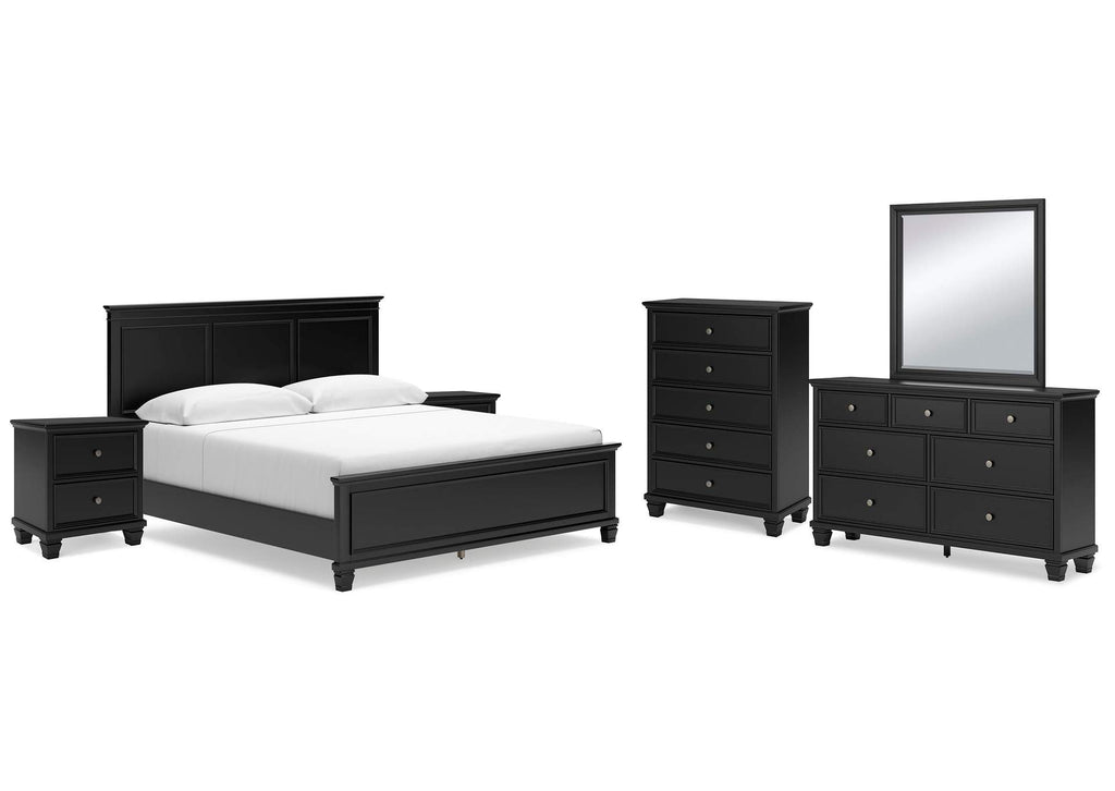 Lanolee King Panel Bed with Mirrored Dresser, Chest and 2 Nightstands