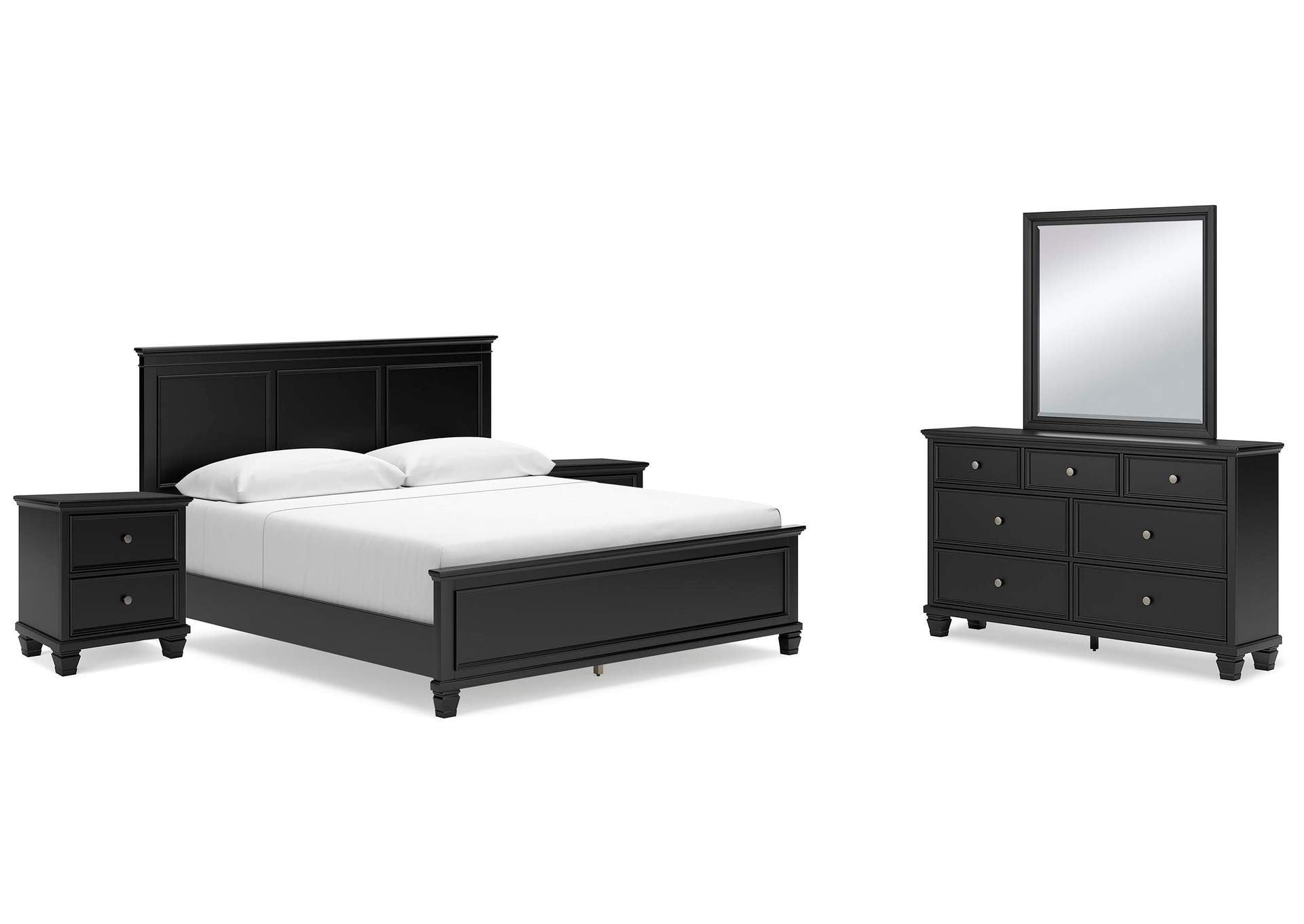 Lanolee King Panel Bed with Mirrored Dresser and 2 Nightstands