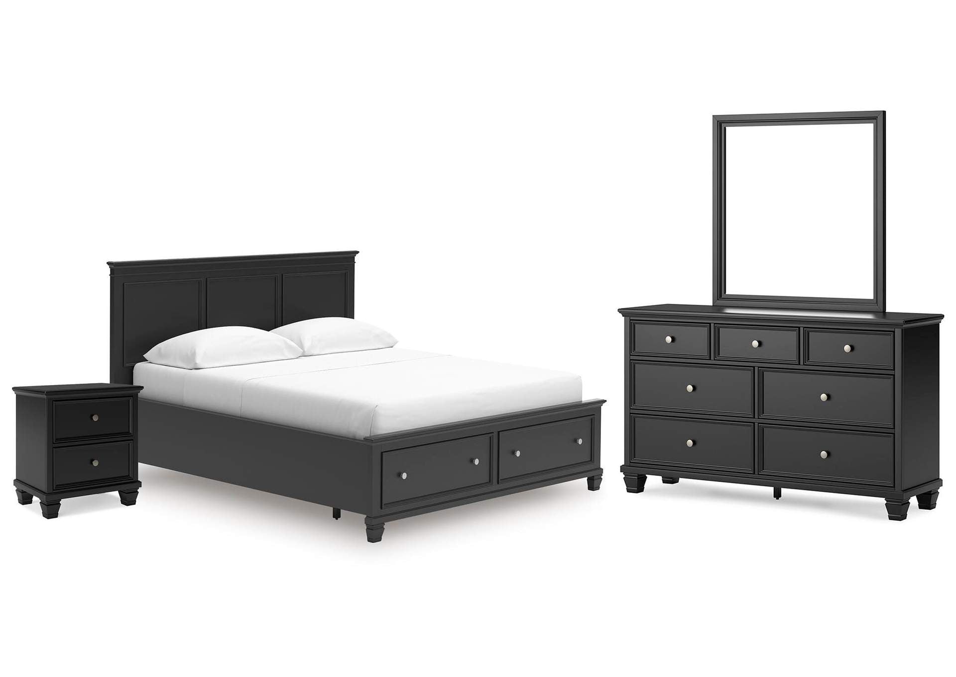 Lanolee California King Panel Storage Bed, Dresser, Mirror and Nightstand