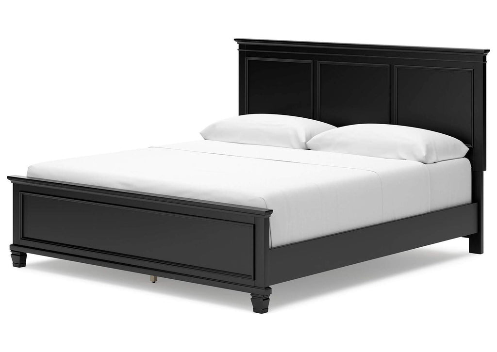 Lanolee California King Panel Bed with Mirrored Dresser, Chest and Nightstand angled view