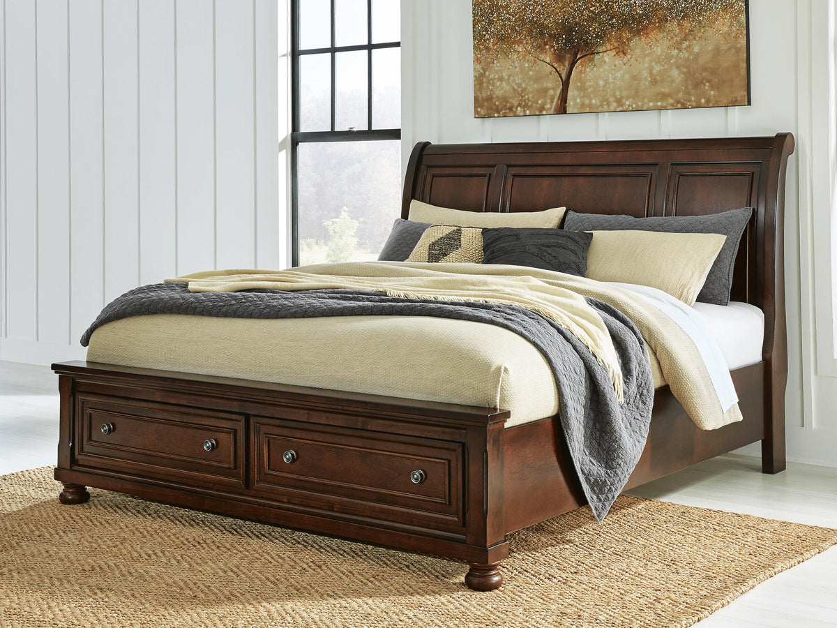 Porter California King Sleigh Storage Bed in Rustic Brown, lifestyle view