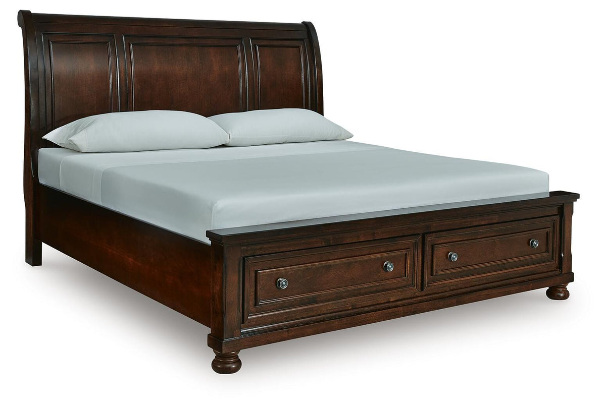 Porter California King Sleigh Storage Bed in Rustic Brown, angle view
