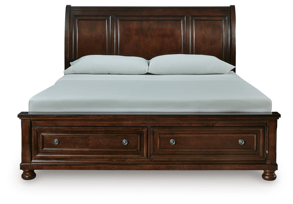 Porter California King Sleigh Storage Bed in Rustic Brown, front view