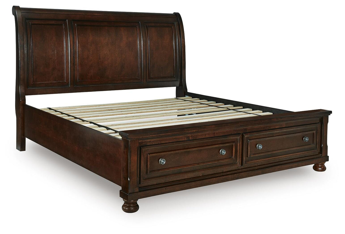Porter California King Sleigh Storage Bed in Rustic Brown, angle view
