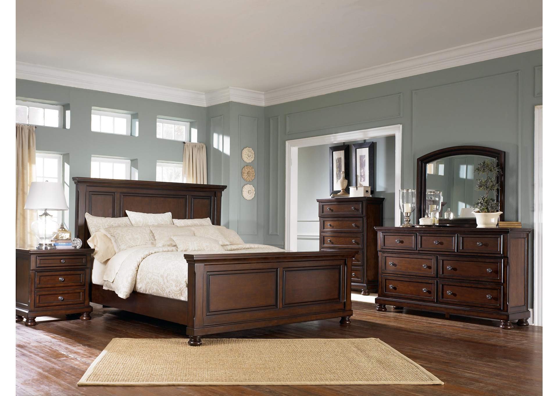 Porter King Panel Bed with Mirrored Dresser, Chest and 2 Nightstands