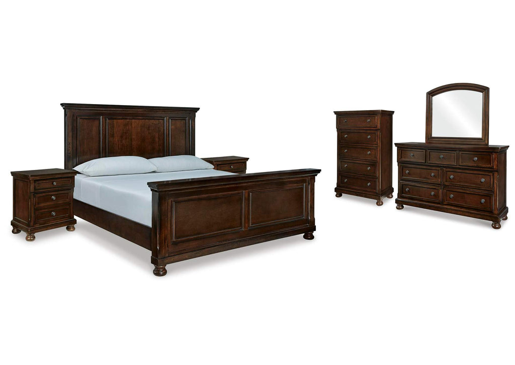 Porter California King Panel Bed with Mirrored Dresser, Chest and 2 Nightstands