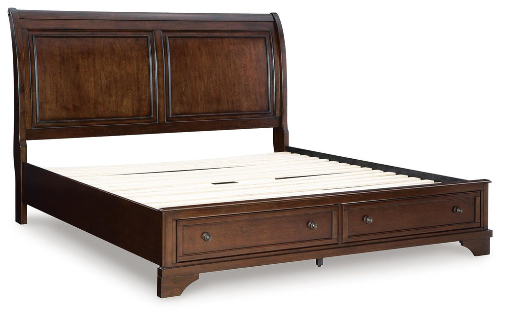 Trellington King Sleigh Storage Bed in Brown, angle view