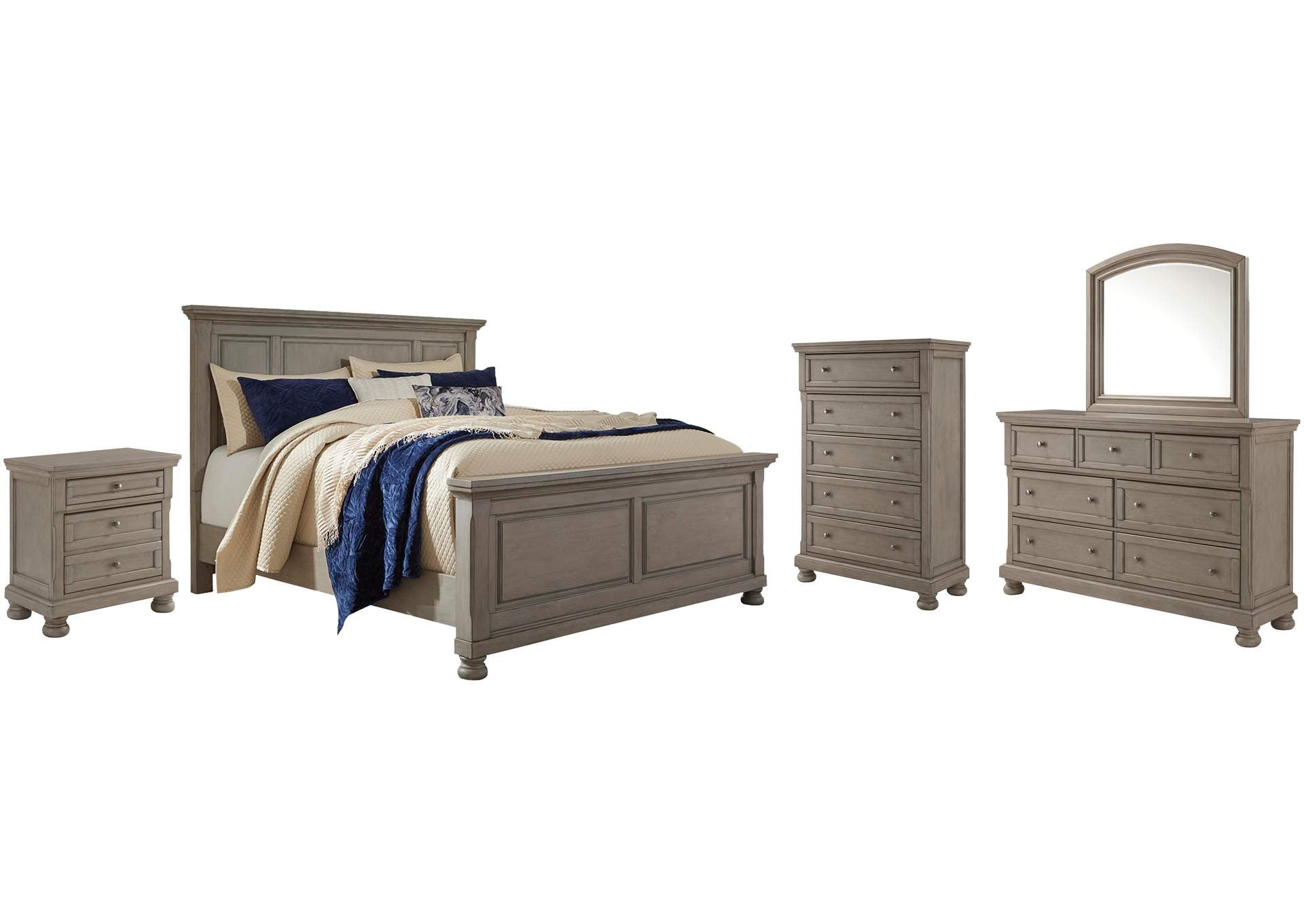 Lettner Queen Panel Bed with Mirrored Dresser, Chest and Nightstand