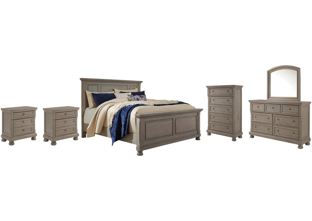 Lettner Queen Panel Bed with Mirrored Dresser, Chest and 2 Nightstands