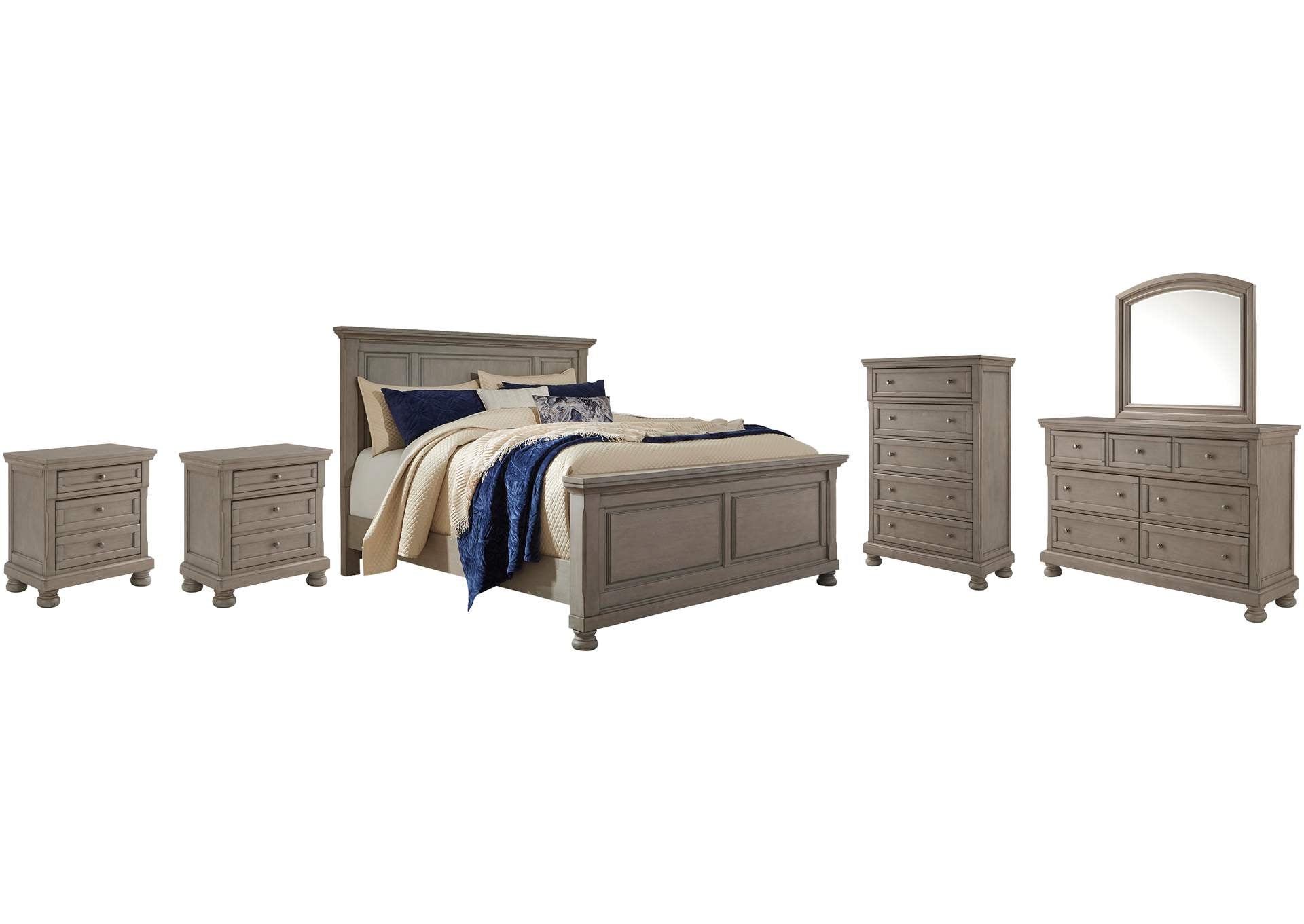 Lettner Queen Panel Bed with Mirrored Dresser, Chest and 2 Nightstands
