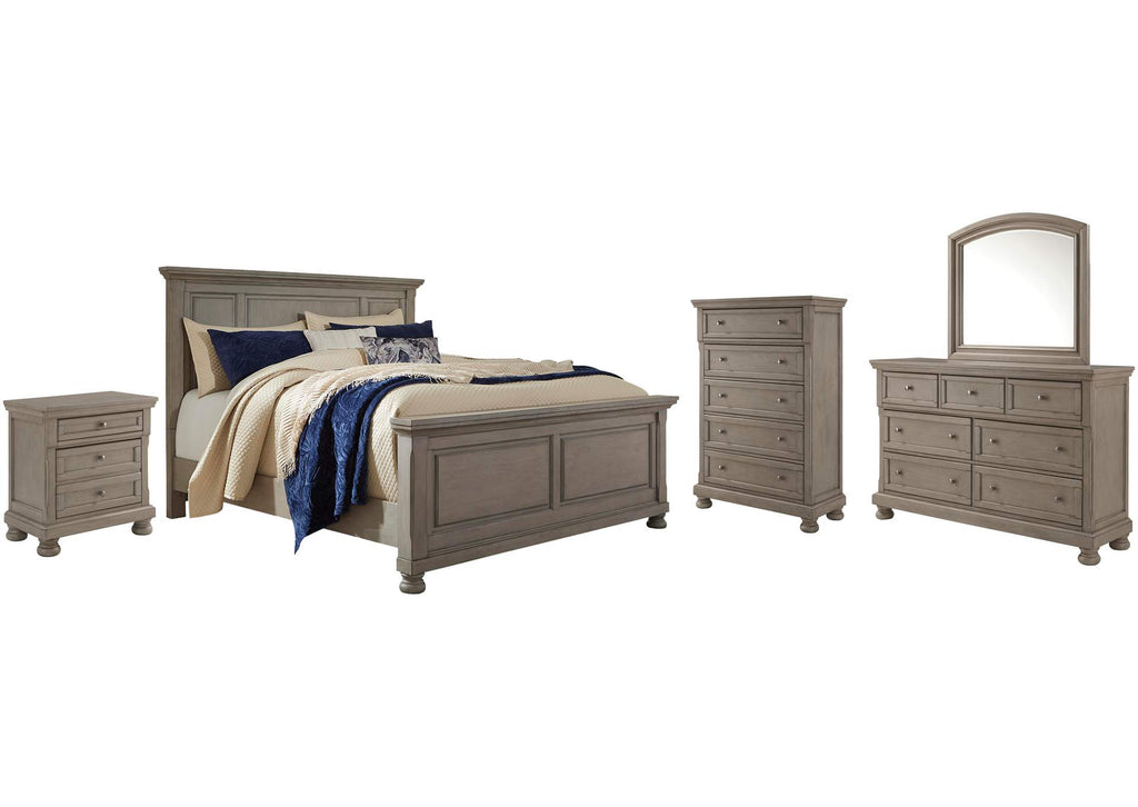 Lettner King Panel Bed with Mirrored Dresser, Chest and Nightstand