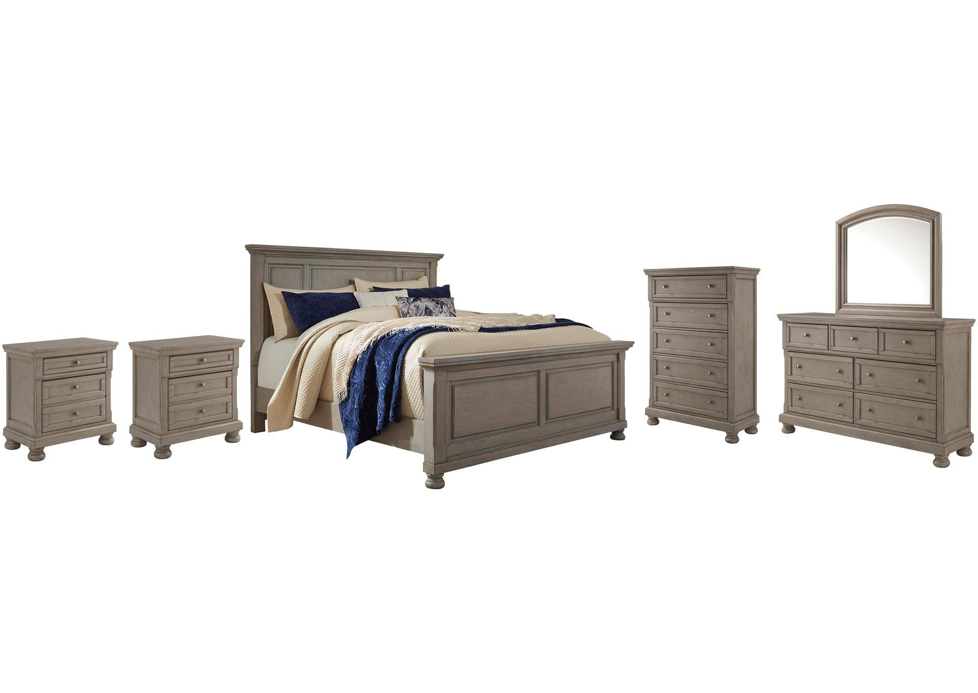 Lettner California King Panel Bed with Mirrored Dresser, Chest and 2 Nightstands
