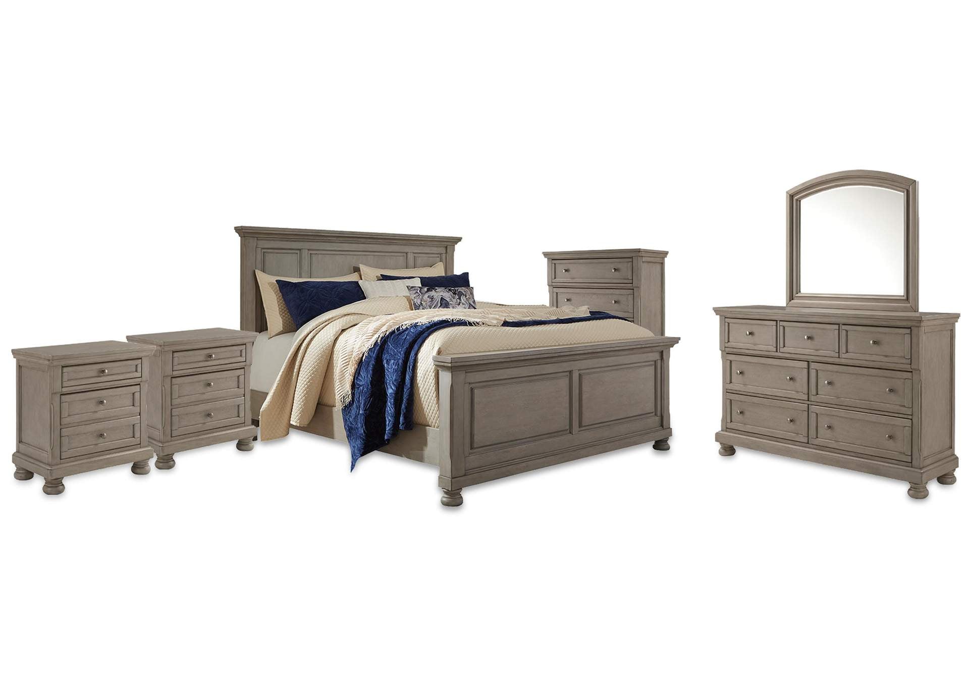 Lettner King Panel Bed with Mirrored Dresser, Chest and 2 Nightstands