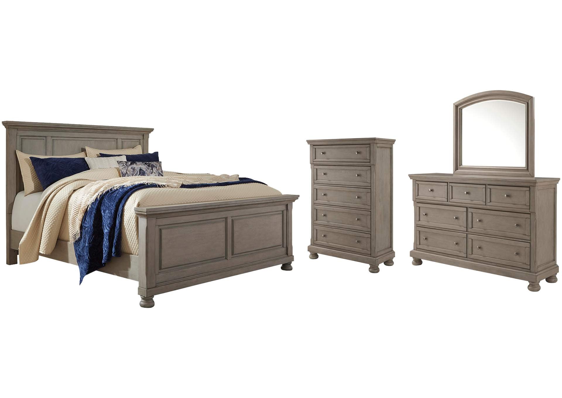Lettner California King Panel Bed with Mirrored Dresser and Chest