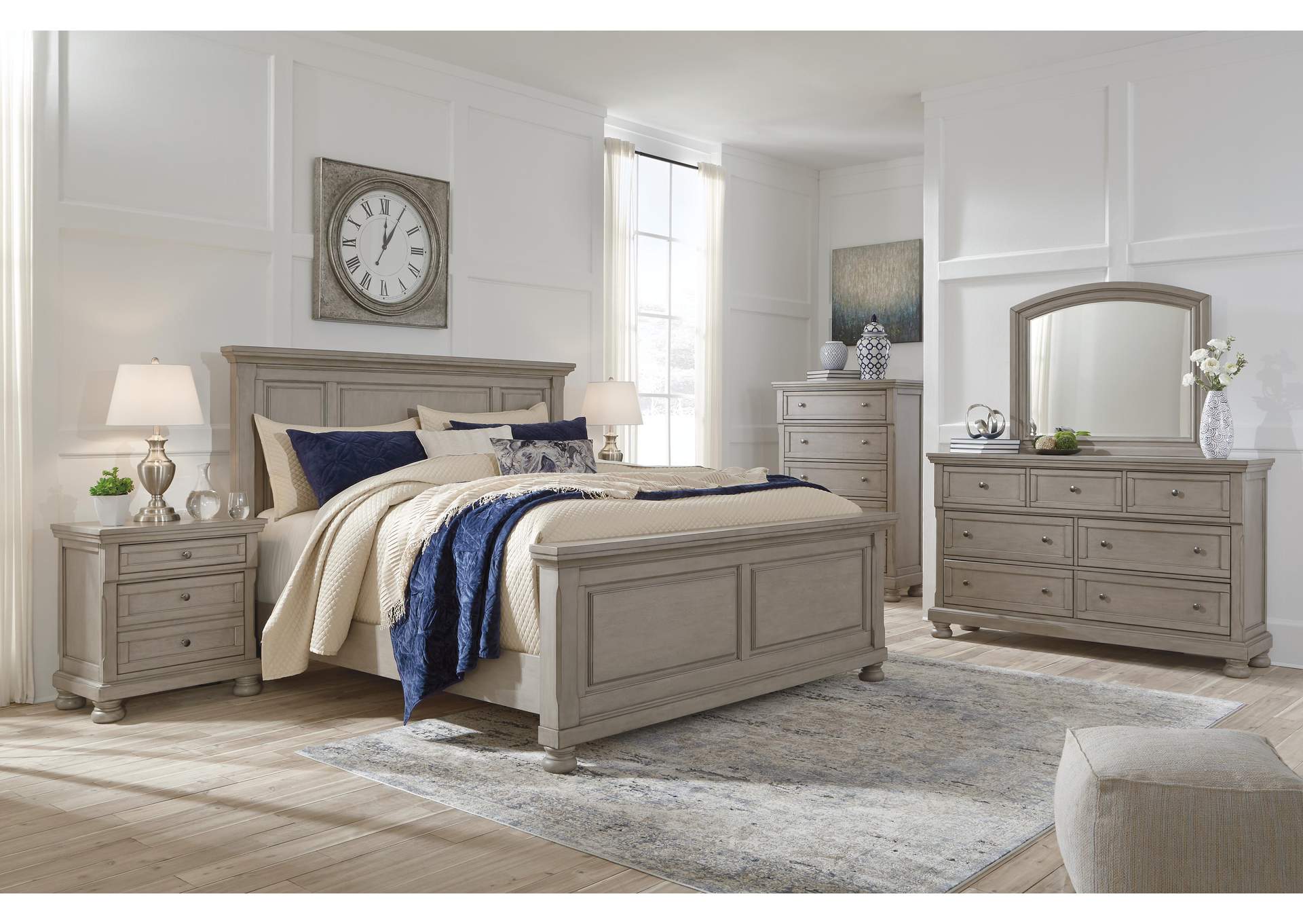 Lettner King Panel Bed with Mirrored Dresser and 2 Nightstands