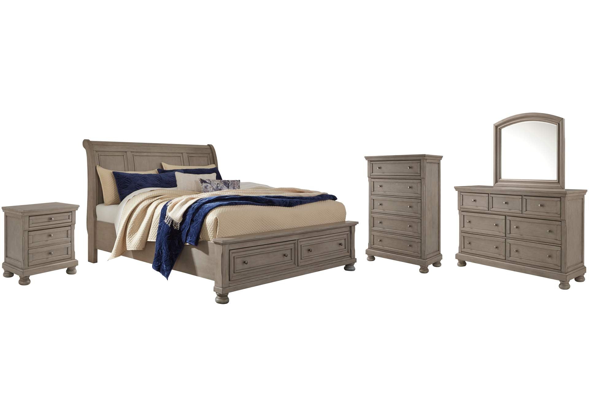 Lettner King Sleigh Bed with 2 Storage Drawers with Mirrored Dresser, Chest and Nightstand