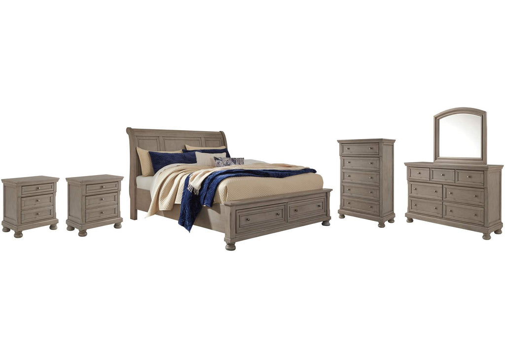 Lettner California King Sleigh Bed with Mirrored Dresser, Chest and 2 Nightstands
