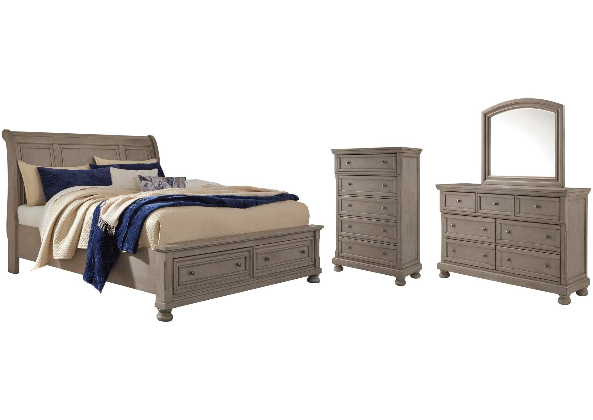 Lettner King Sleigh Bed with 2 Storage Drawers with Mirrored Dresser and Chest