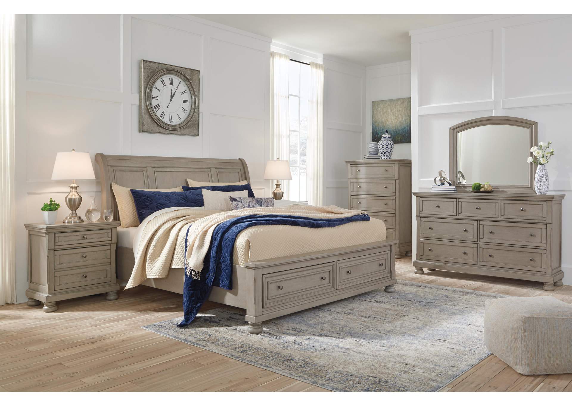 Lettner California King Sleigh Bed with Mirrored Dresser