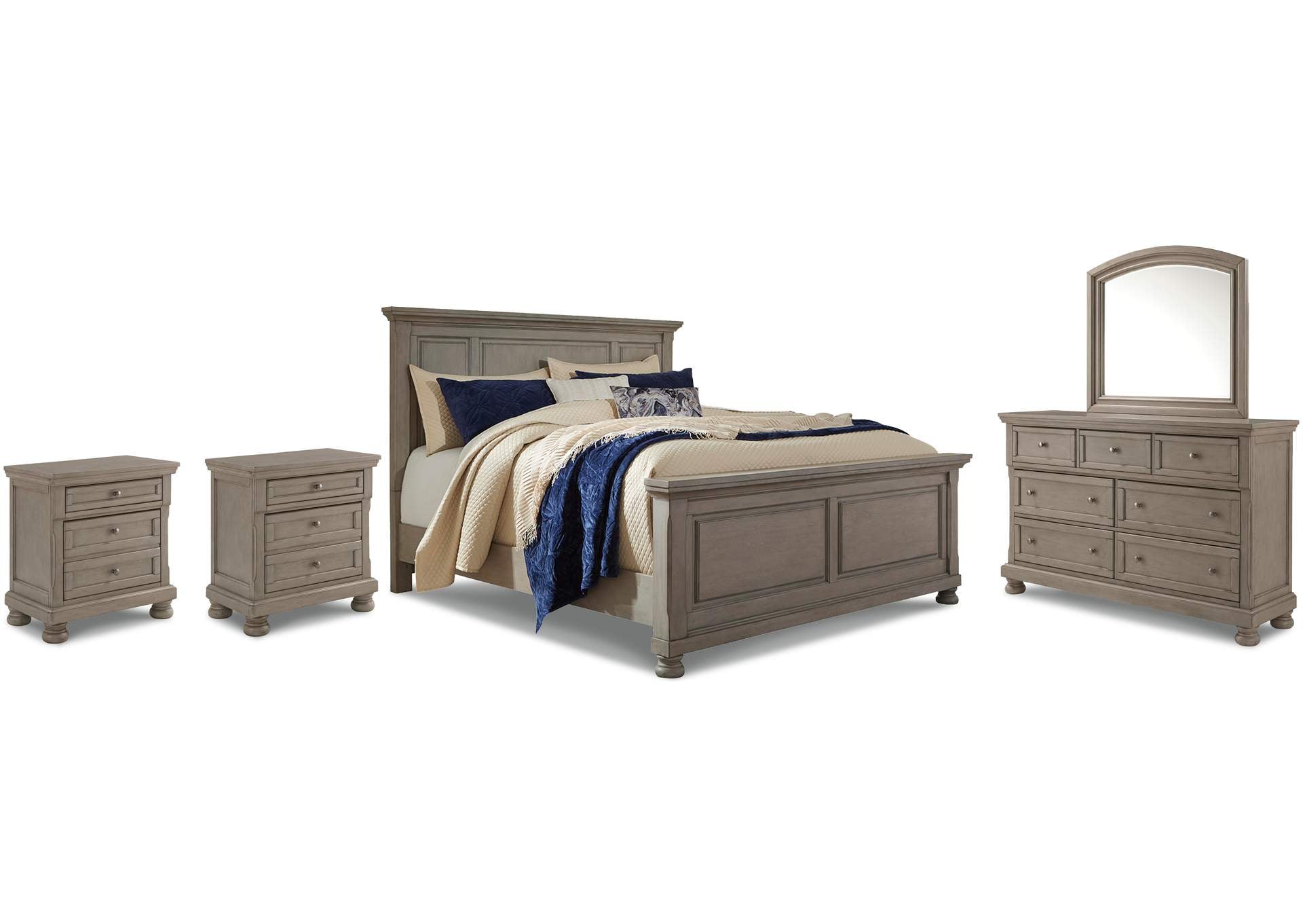 Lettner Queen Panel Bed with Mirrored Dresser and 2 Nightstands