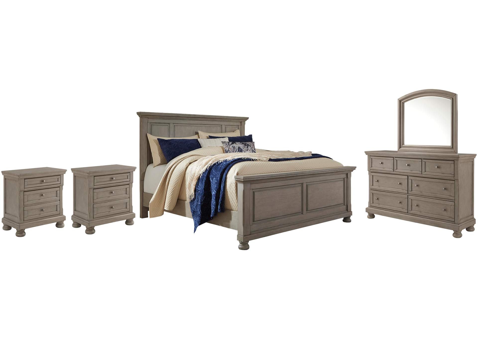 Lettner King Panel Bed with Mirrored Dresser and 2 Nightstands