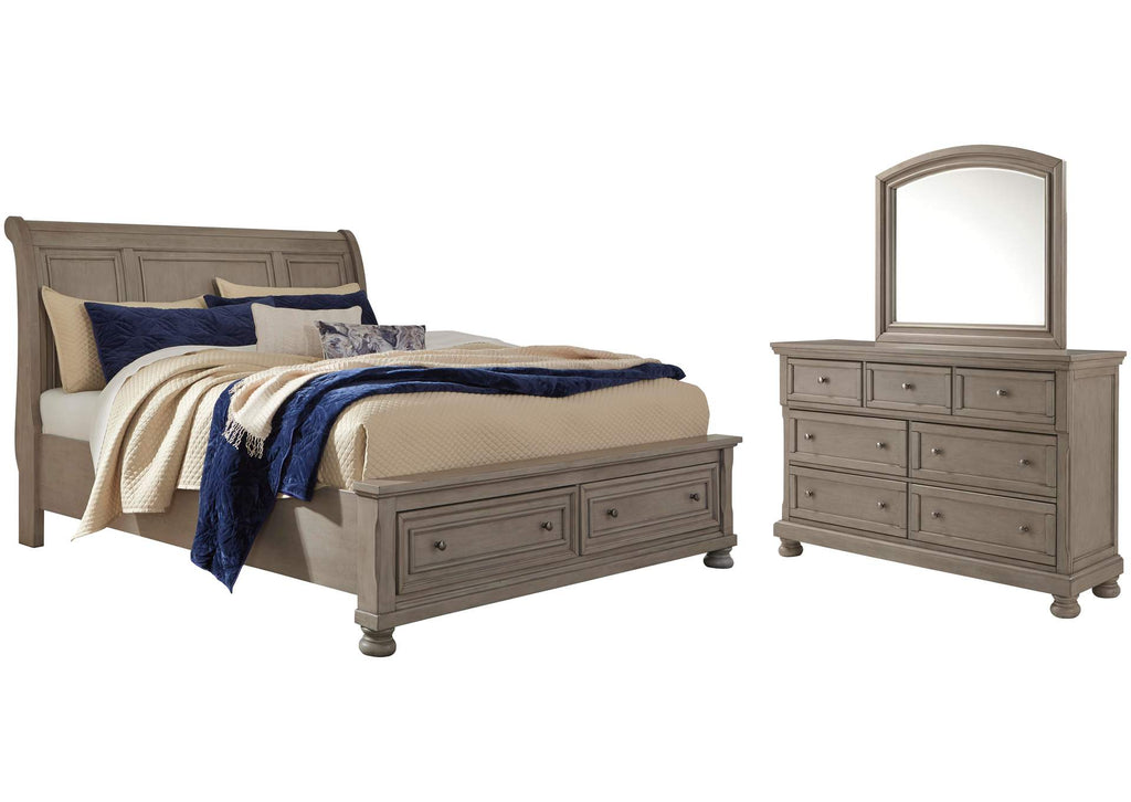 Lettner Queen Sleigh Bed with 2 Storage Drawers with Mirrored Dresser