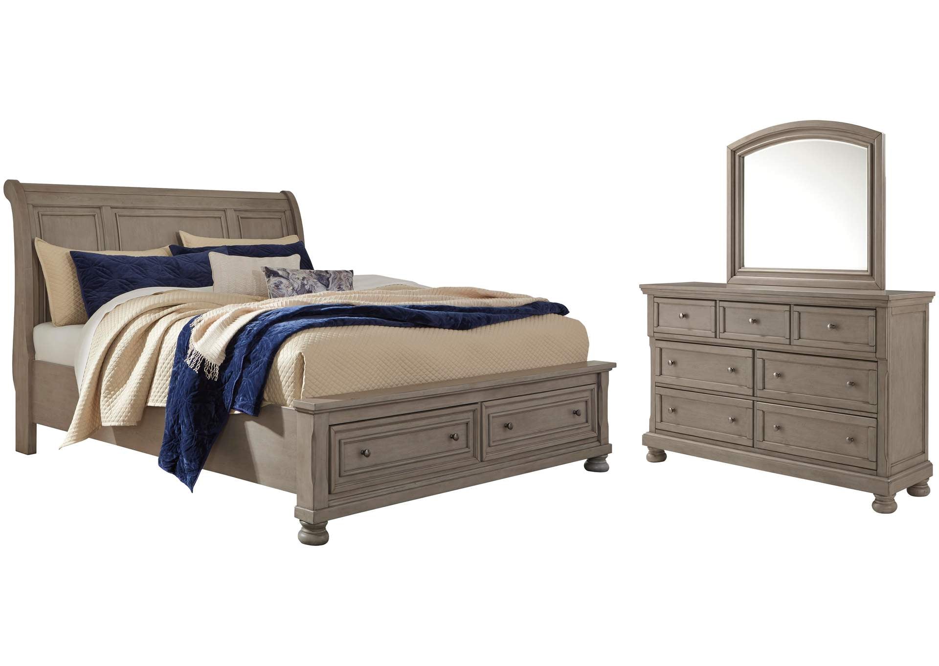 Lettner Queen Sleigh Bed with 2 Storage Drawers with Mirrored Dresser