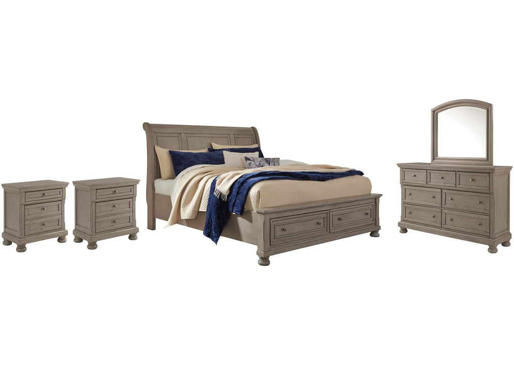 Lettner California King Sleigh Bed with Mirrored Dresser and 2 Nightstands