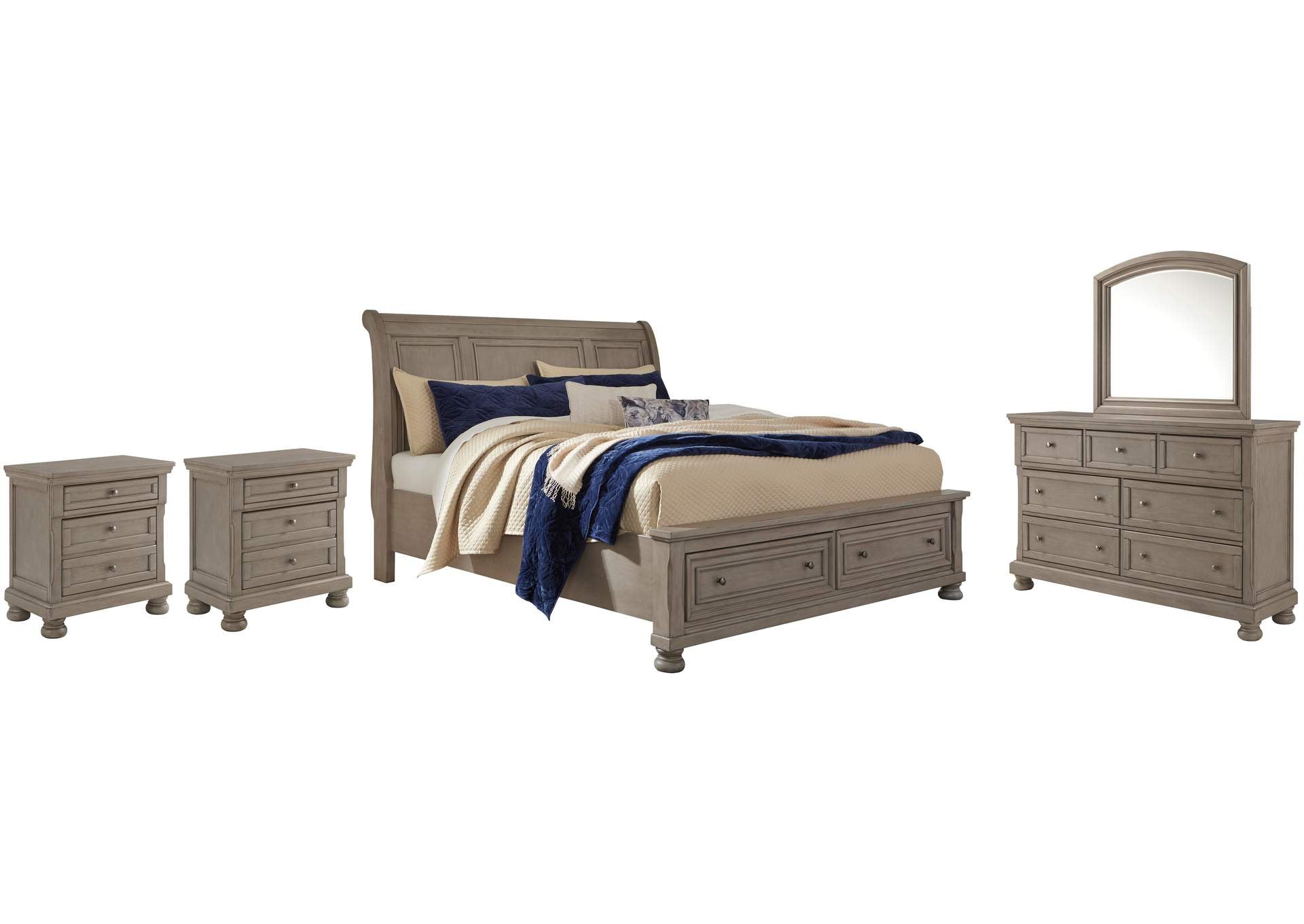 Lettner California King Sleigh Bed with Mirrored Dresser and 2 Nightstands