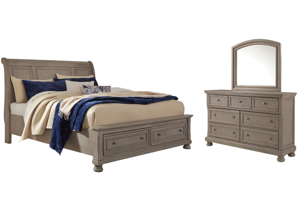 Lettner California King Sleigh Bed with Mirrored Dresser