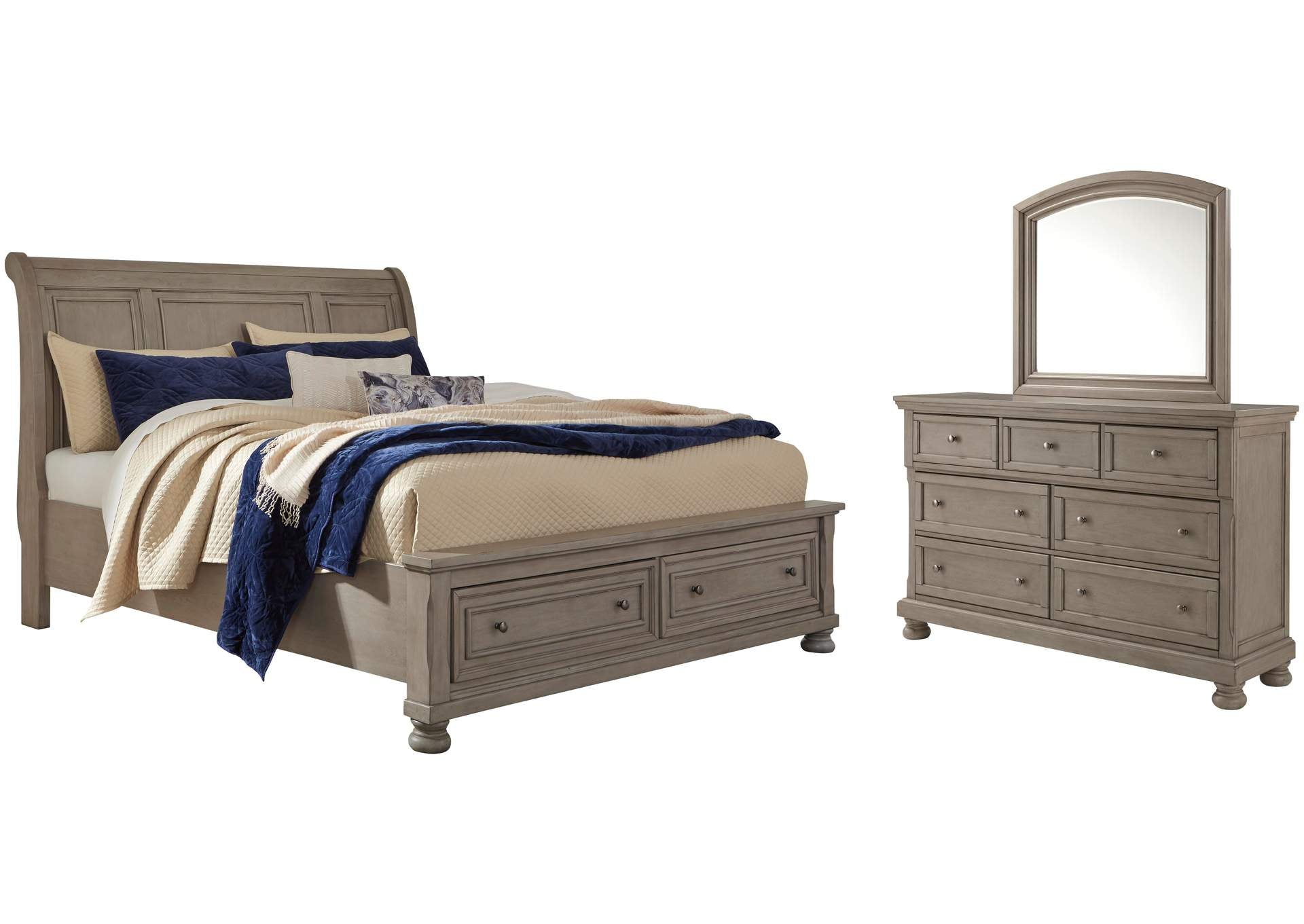 Lettner California King Sleigh Bed with Mirrored Dresser
