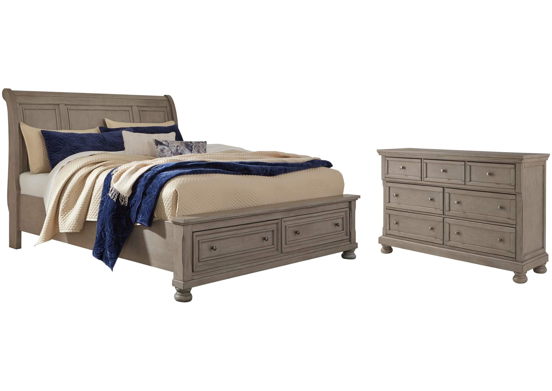 Lettner Queen Sleigh Bed with 2 Storage Drawers and Dresser