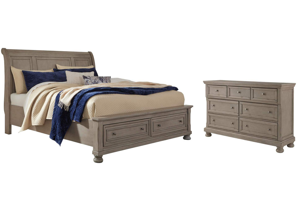 Lettner California King Sleigh Bed with 2 Storage Drawers and Dresser