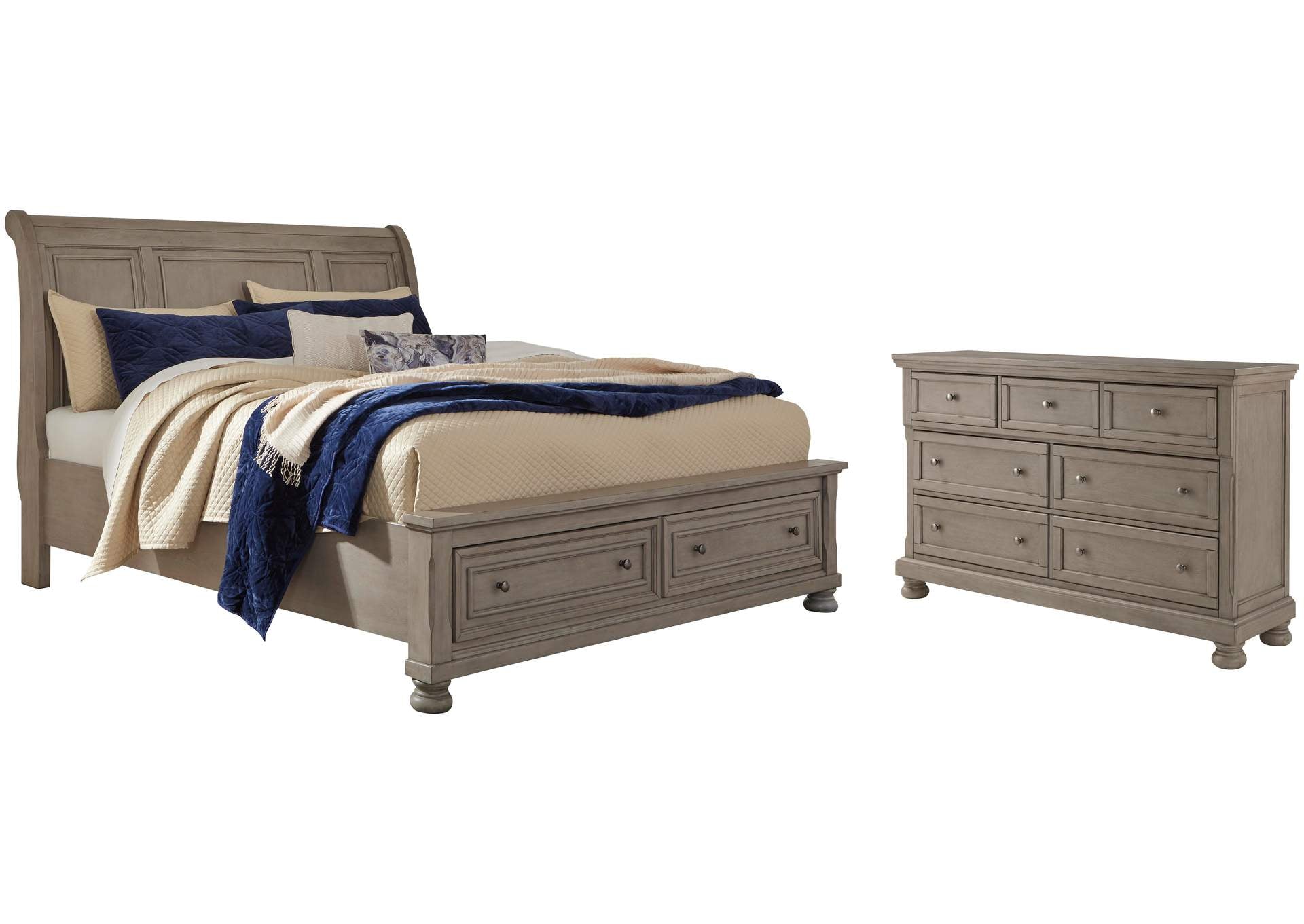 Lettner California King Sleigh Bed with 2 Storage Drawers and Dresser