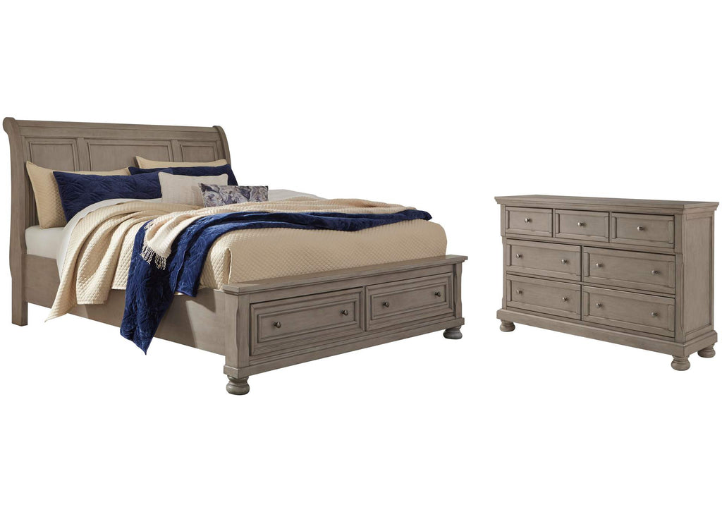 Lettner King Sleigh Bed with 2 Storage Drawers and Dresser