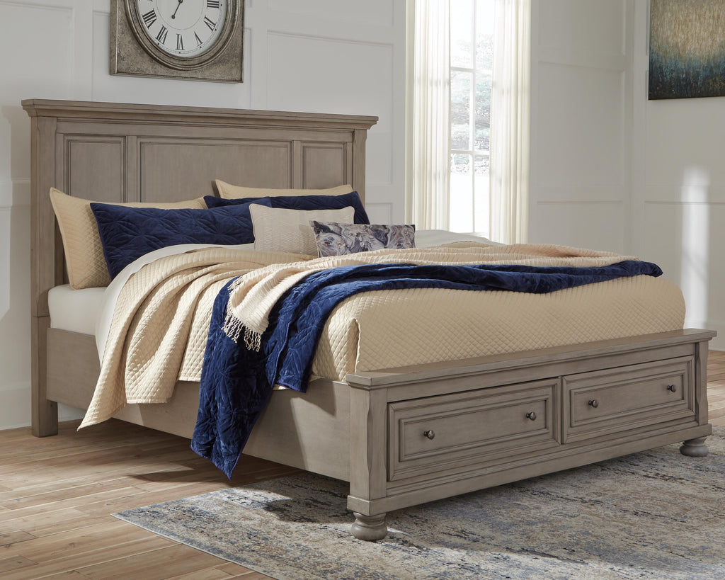 Lettner King Panel Storage Bed in Light Gray, lifestyle view
