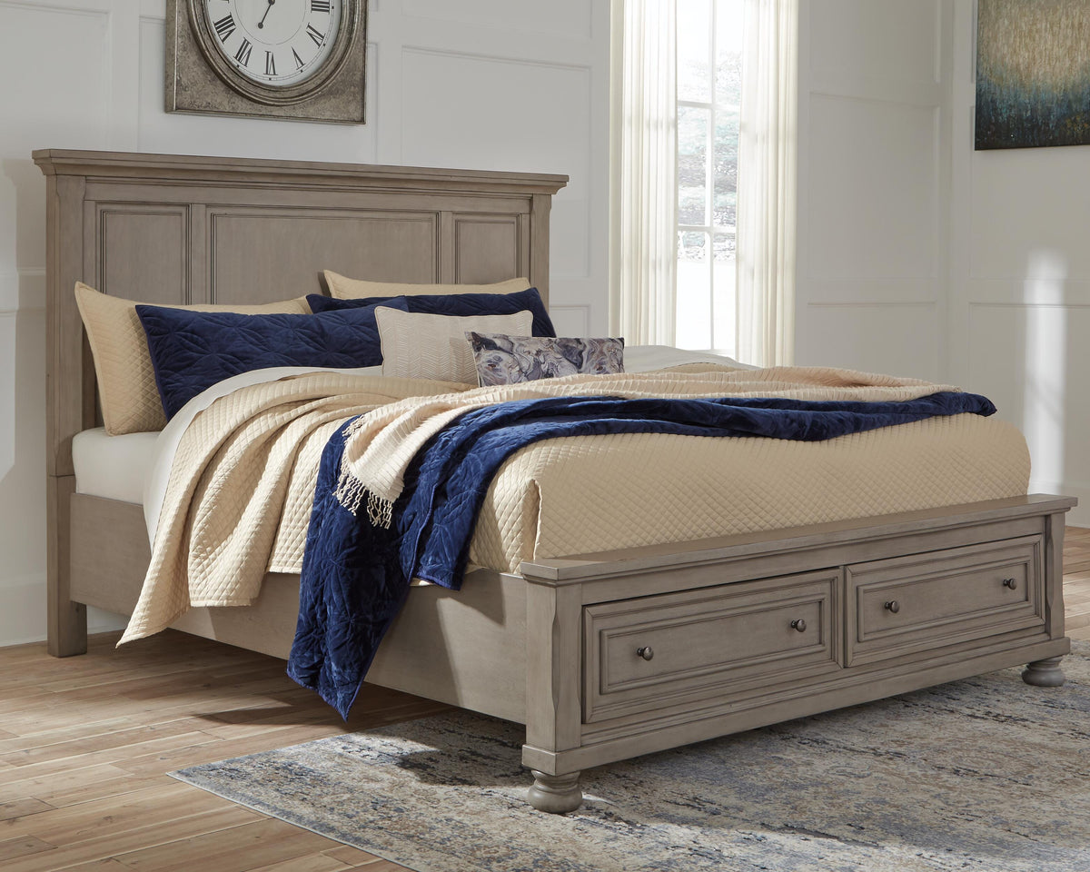 Lettner King Panel Storage Bed in Light Gray, lifestyle view