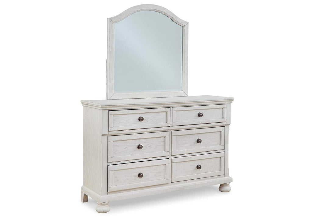 Robbinsdale King Sleigh Bed with Storage with Mirrored Dresser and 2 Nightstands angled view