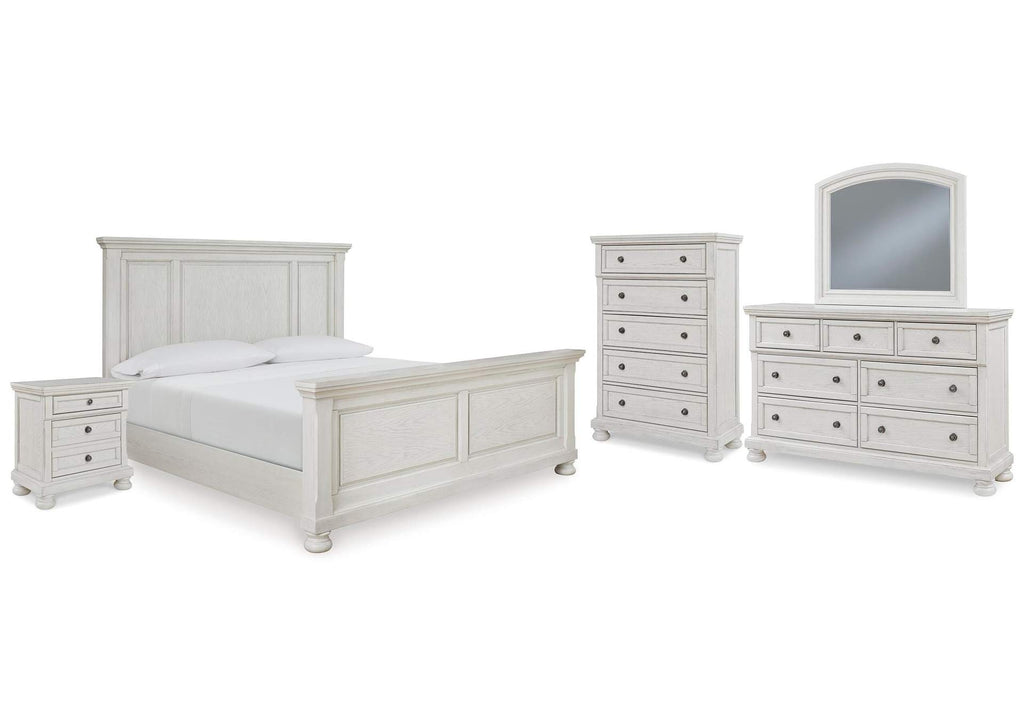 Robbinsdale California King Panel Bed with Mirrored Dresser, Chest and Nightstand