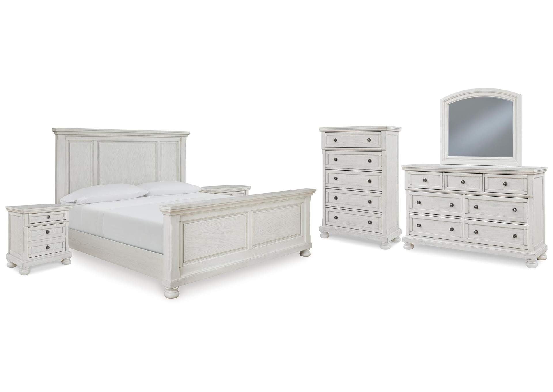 Robbinsdale California King Panel Bed with Mirrored Dresser, Chest and 2 Nightstands