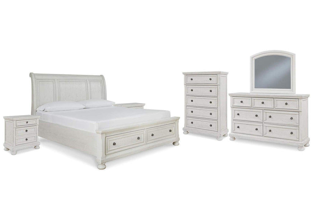 Robbinsdale Queen Sleigh Bed with Storage with Mirrored Dresser, Chest and 2 Nightstands