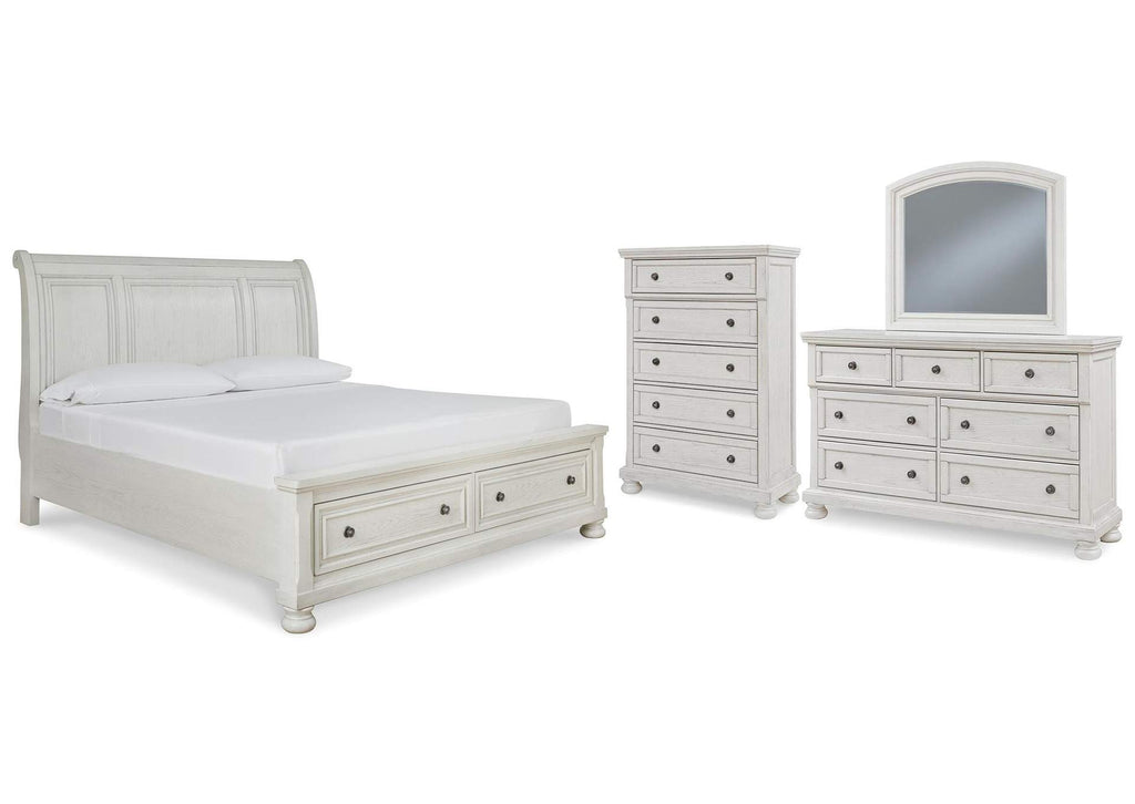 Robbinsdale Queen Sleigh Bed with Storage with Mirrored Dresser and Chest