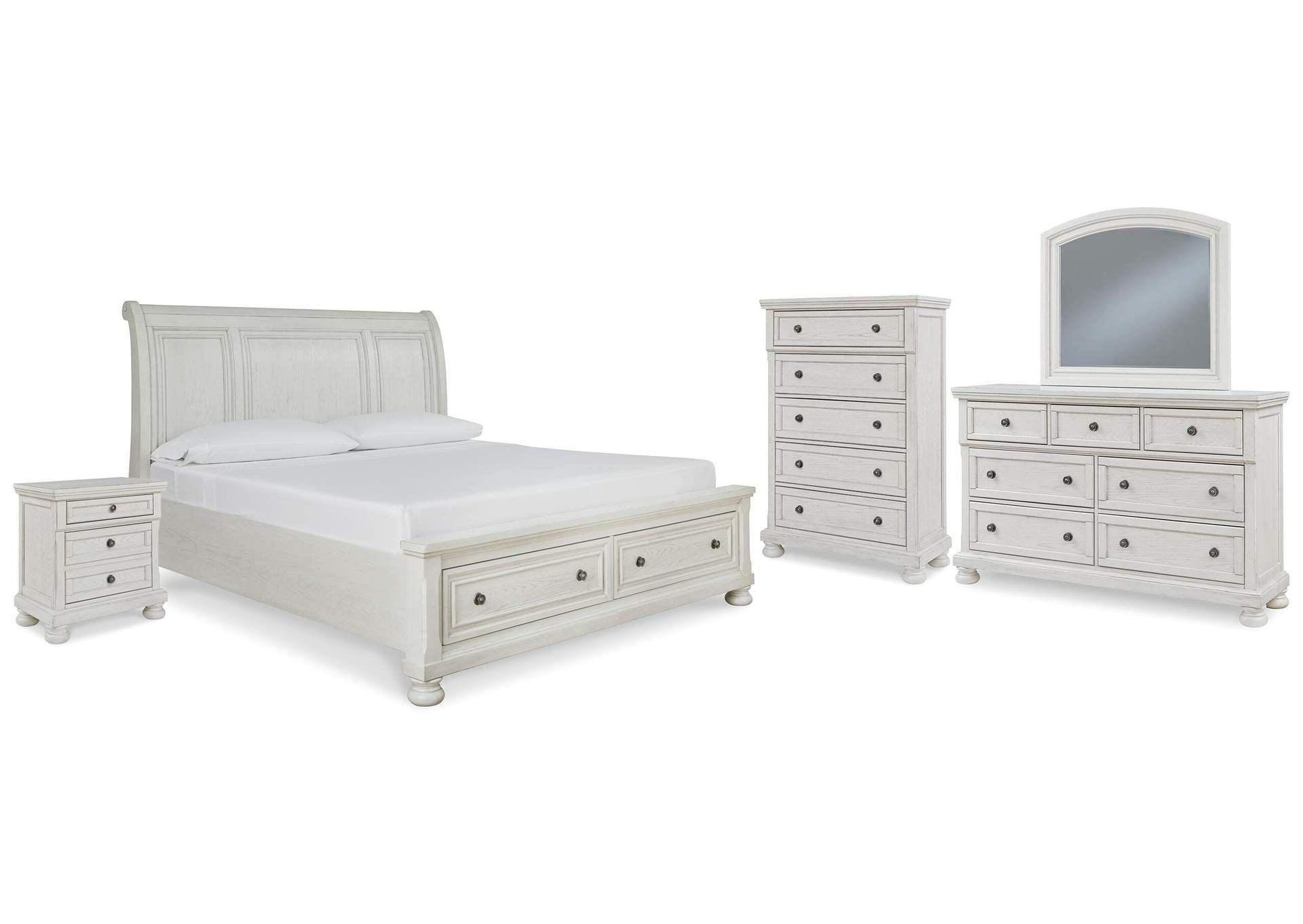 Robbinsdale California King Sleigh Bed with Storage with Mirrored Dresser, Chest and Nightstand
