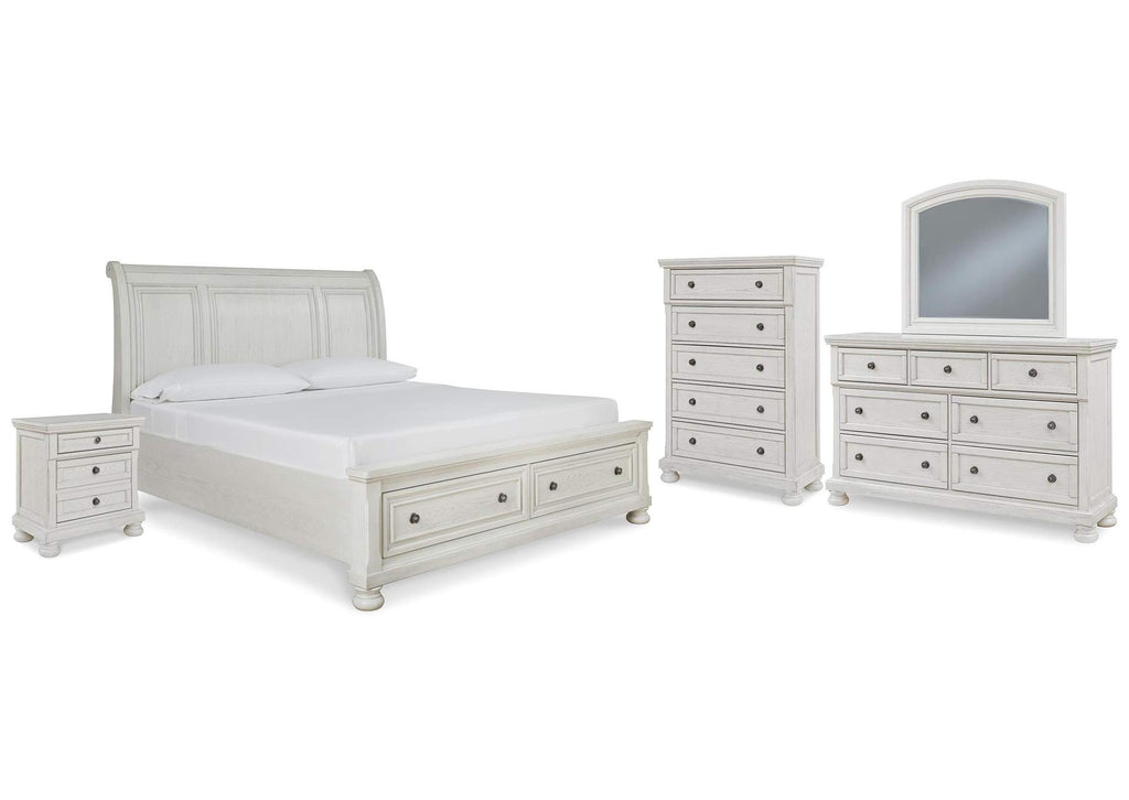 Robbinsdale King Sleigh Bed with Storage with Mirrored Dresser, Chest and Nightstand
