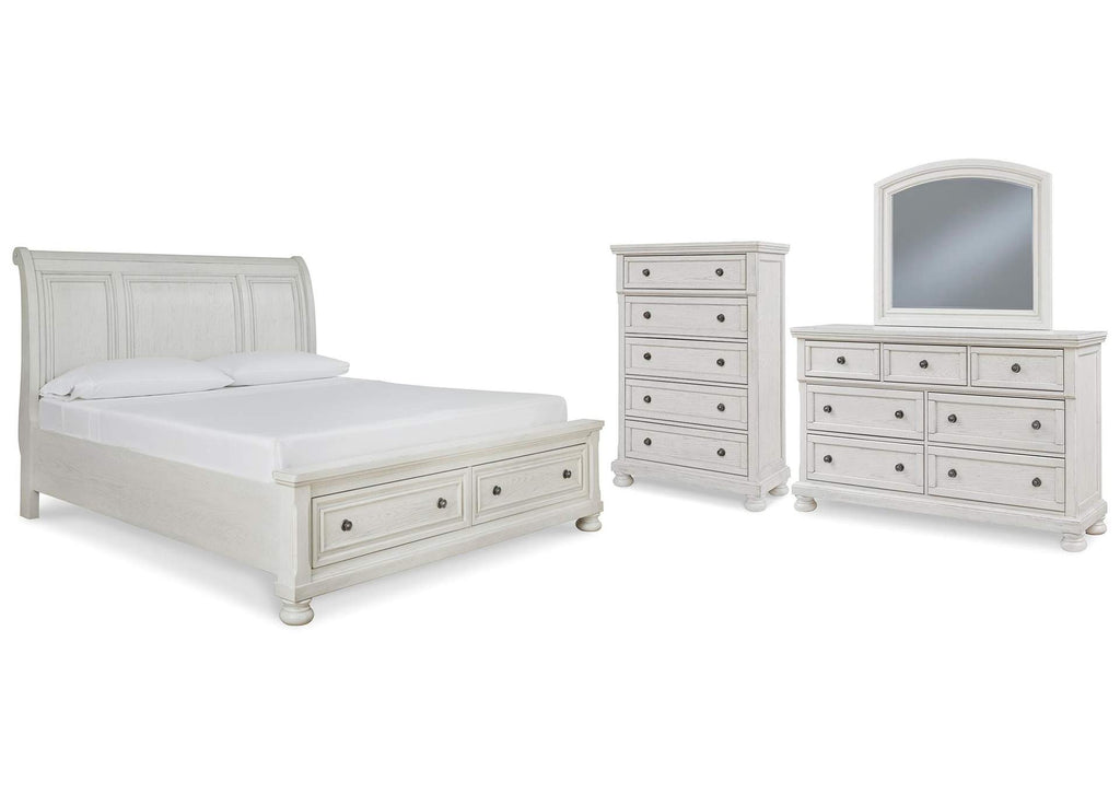 Robbinsdale King Sleigh Bed with Storage with Mirrored Dresser and Chest