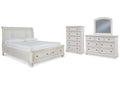 Robbinsdale King Sleigh Bed with Storage with Mirrored Dresser and Chest