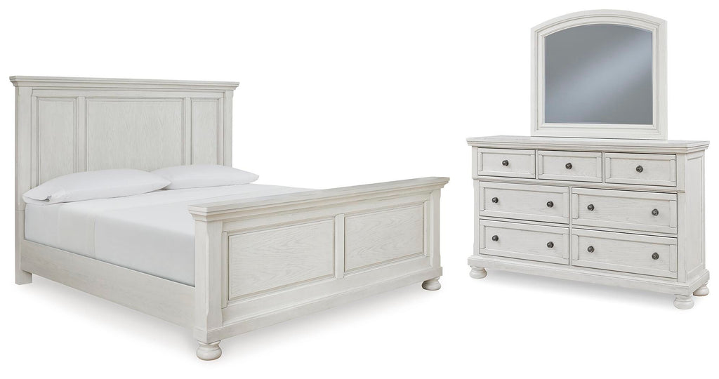 Robbinsdale California King Panel Bed with Mirrored Dresser — complete set