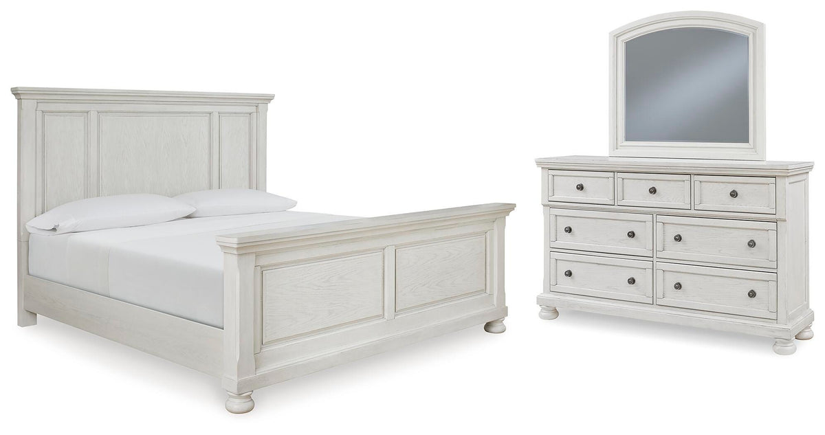 Robbinsdale California King Panel Bed with Mirrored Dresser — complete set