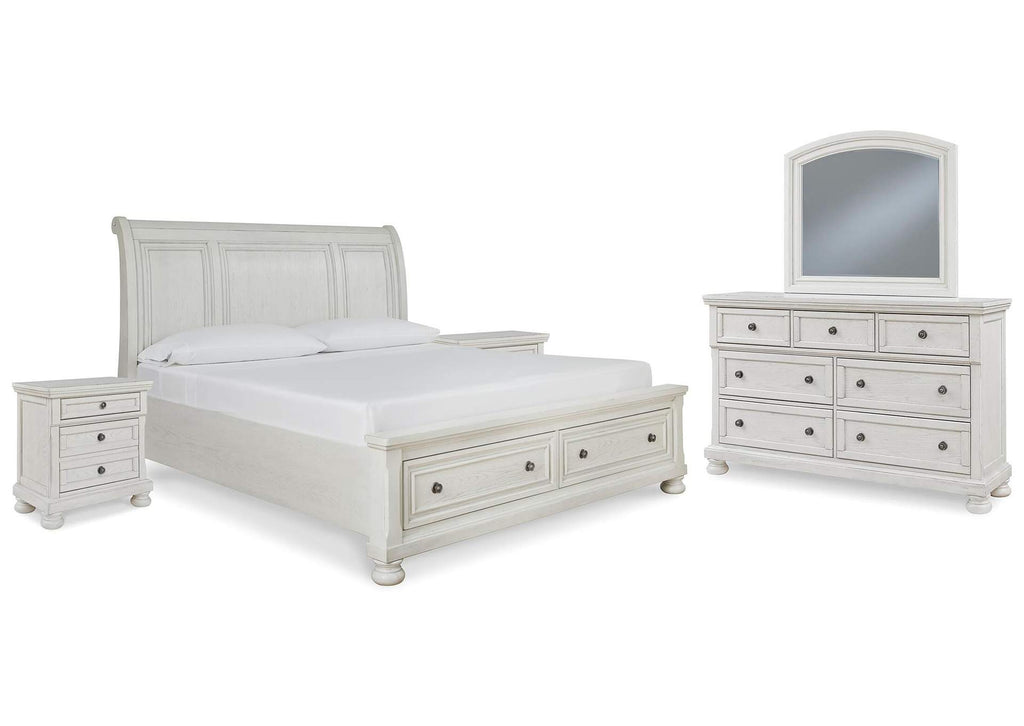 Robbinsdale King Sleigh Bed with Storage with Mirrored Dresser and 2 Nightstands