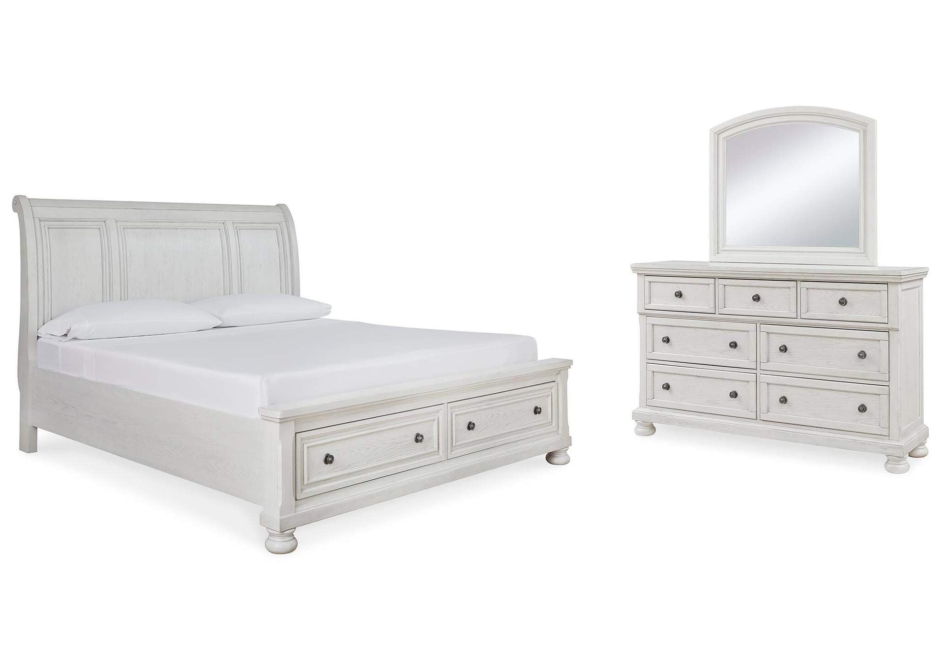 Robbinsdale King Sleigh Bed with Storage with Mirrored Dresser